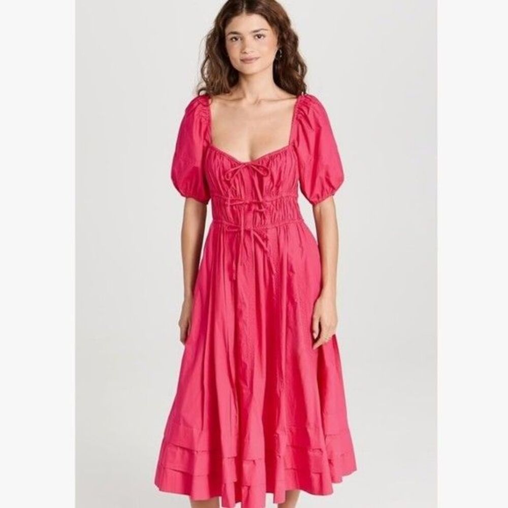 Ulla Johnson Palma Vibrant Barbie Pink Peasant Cotton Puff Sleeve Midi Dress 6